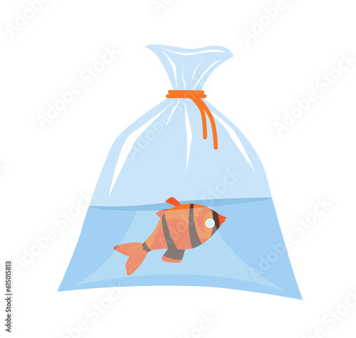 Careful fish behavior. Small fish dies in plastic bag of water. Marine pets transportation. Aquatic domestic animal. Dead goldfish floating upside down. Aquarium carp. Vector concept
