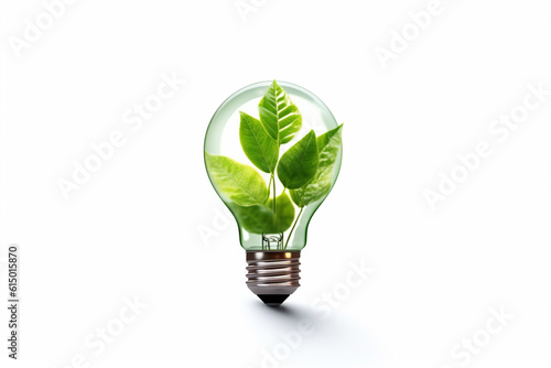Eco friendly lightbulb from fresh leaves isolated on white. Concept of Renewable Energy and Sustainable Living created with Generative AI technology