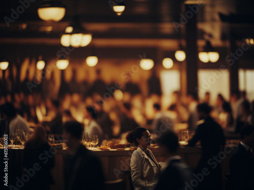 Interior of a luxury restaurant with people on a blurry background sitting at tables.