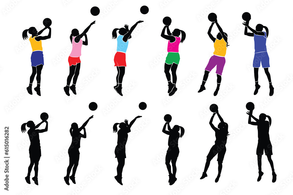 Women Basketball player. Group of different basketball players in different playing positions. Set of basketball players throwing ball isolated on white background