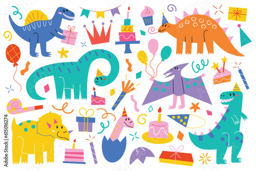 Funny dinosaurs birthday party  hand drawn tyrannosaurus  collection of birthday cakes  doodle hats  kid drawing vector illustrations for greeting cards  invitations  adorable childish raptors set