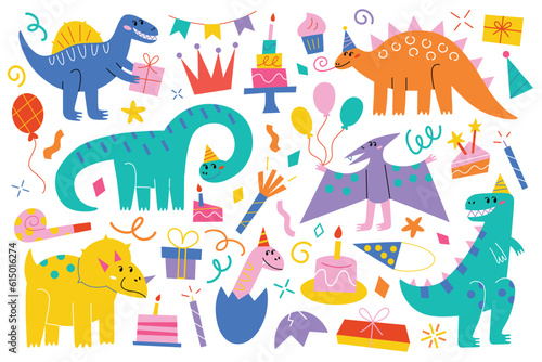 Funny dinosaurs birthday party, hand drawn tyrannosaurus, collection of birthday cakes, doodle hats, kid drawing vector illustrations for greeting cards, invitations, adorable childish raptors set