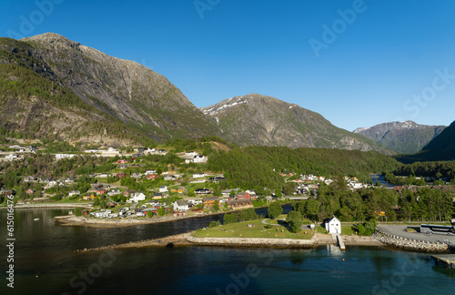 Eidfjord with mountains on a sunny day, Norway