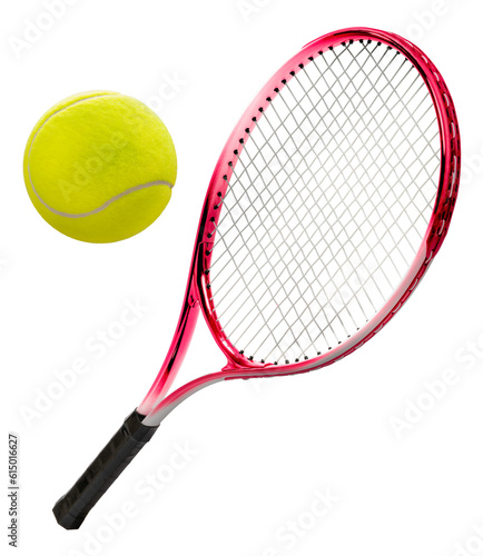 Red Tennis racket and Yellow Tennis ball sports equipment isolated on white PNG File.