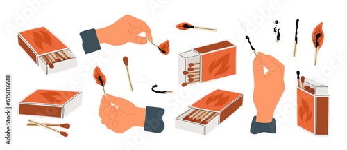 Cartoon matchsticks and open boxes. Hands lighting matches. Charred and burning. Arms holding fading wooden sticks with smoke. Head and straw. Isolated red matchbox. Garish vector set