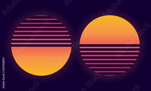 Vector illustration of two retro suns. Futuristic background with sunset. Trendy design for sci-fi, cyber abstract poster, print.