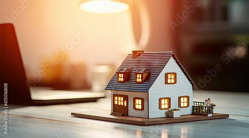 Economy of savings. Business concept of home investment or financial success. Small model house on table background
