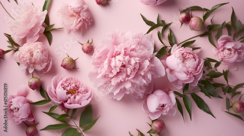 Fototapeta Naklejka Na Ścianę i Meble -  Flowers composition with light pink peonies on pastel pink background. Flat lay, top view. Generative AI.