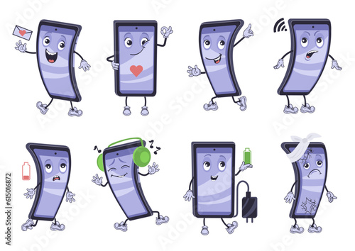 Cartoon mobile phone. Smart device mascot. Different poses and actions. Emotion expressions. Multifunctionality gadgets. Cellular communication. Messages chatting. Splendid vector set photo