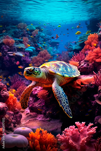 A colorful coral reef with sea turtle. Generative AI