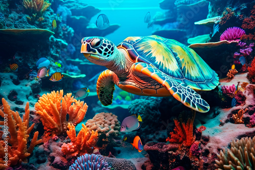 A colorful coral reef with sea turtle. Generative AI