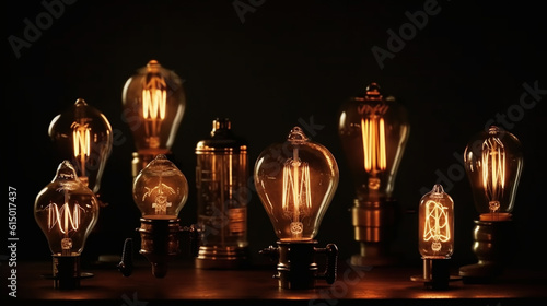 Classic Edisson bulbs backgound. Retro style bulbs. Generative ai