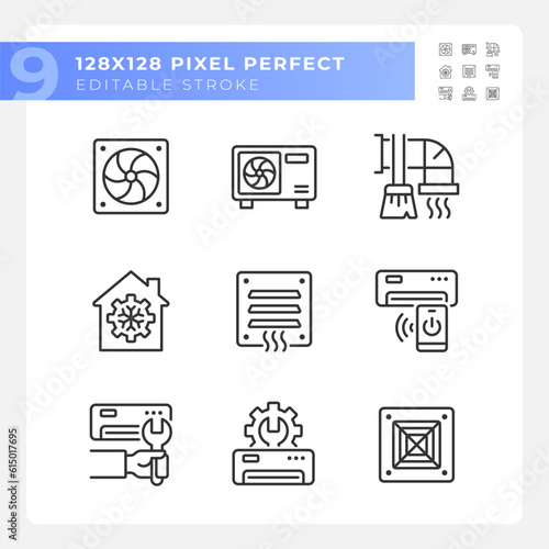 Heating and cooling linear icons set. Ventilation system. Air conditioner. Temperature control. Customizable thin line symbols. Isolated vector outline illustrations. Editable stroke