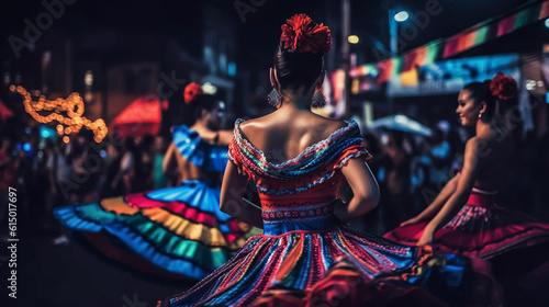 Colorful skirts fly during traditional Mexican dancing. Generative AI