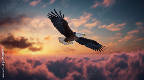 Flying eagle on beautiful sunset sky background - Bird of prey. Generative ai