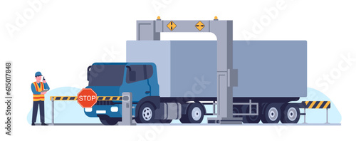 Customs inspector checks truck with state of arc X-ray scanner. Smuggling goods. Worker scanning cargo automobile. Lorry control. Freight transportation and delivery. Vector concept