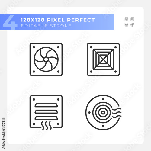 Air system linear icons set. Energy efficiency. Home ventilation. Air conditioning. Hvac service. Customizable thin line symbols. Isolated vector outline illustrations. Editable stroke