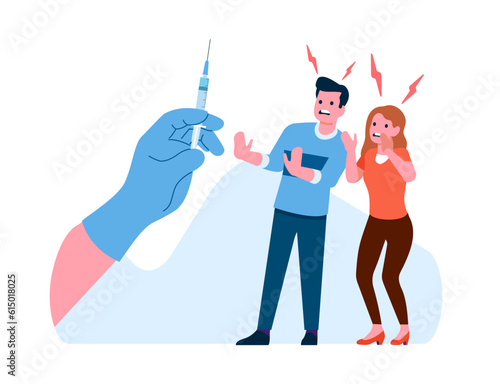 Fear of needles and syringes. Frightened man or woman. Panicked patients. Spooky doctors hand with injector. People afraid of vaccination. Fearful physician. Vector jatrophobia concept