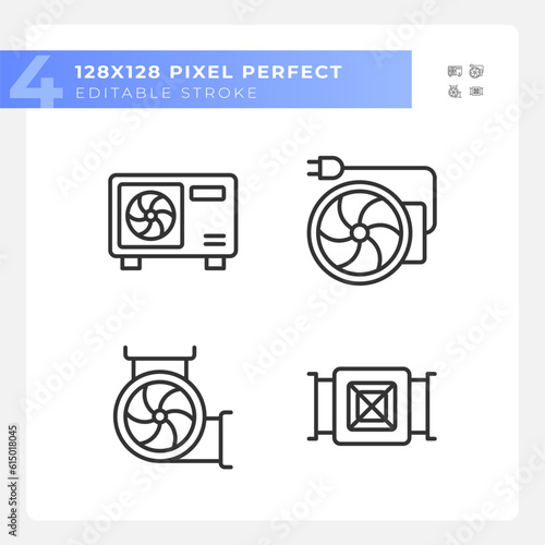 Hvac equipment linear icons set. Air condition. Building construction. Temperature control. Architecture plan. Customizable thin line symbols. Isolated vector outline illustrations. Editable stroke