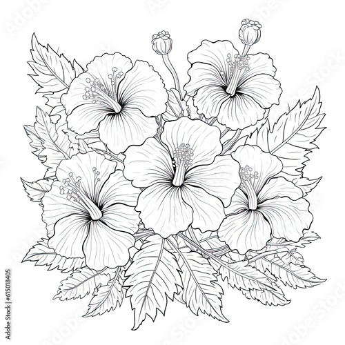 Cute Hibiscus flower in coloring page style illustration. Line art painting. Generative AI
