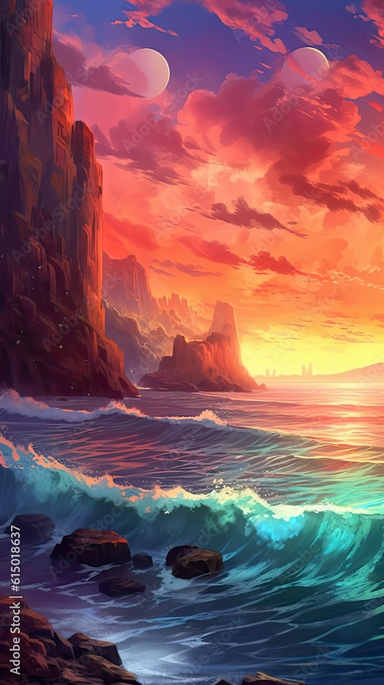 A serene coastal cliff overlooking crashing waves and a stunning sunset. Colorful illustration art. Generative AI