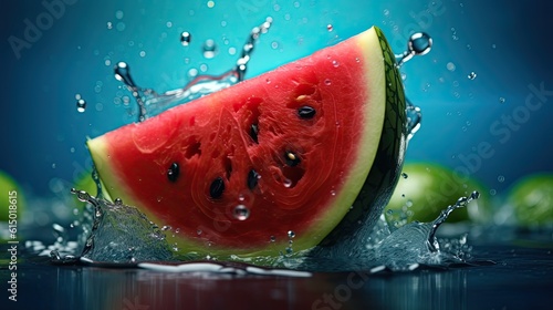 Fresh ripe Watermelon fruit illustration. Natural food colorful background. Generative AI