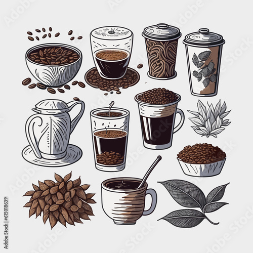 A Set Coffee vector coffee beans in bag in graphic style hand-drawn vector illustration