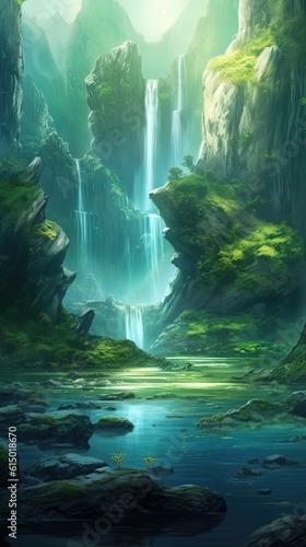 A serene waterfall cascading down a lush green mountain in a tranquil setting. Colorful illustration art. Generative AI