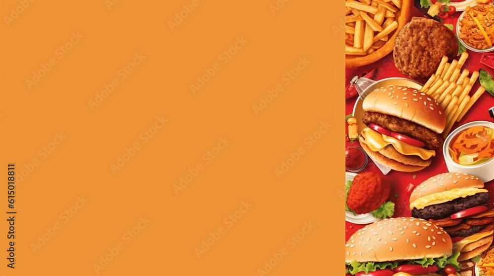 ai generative image full of delicious and unhealthy fast food with burger, french fries, and drinks against a color background 
