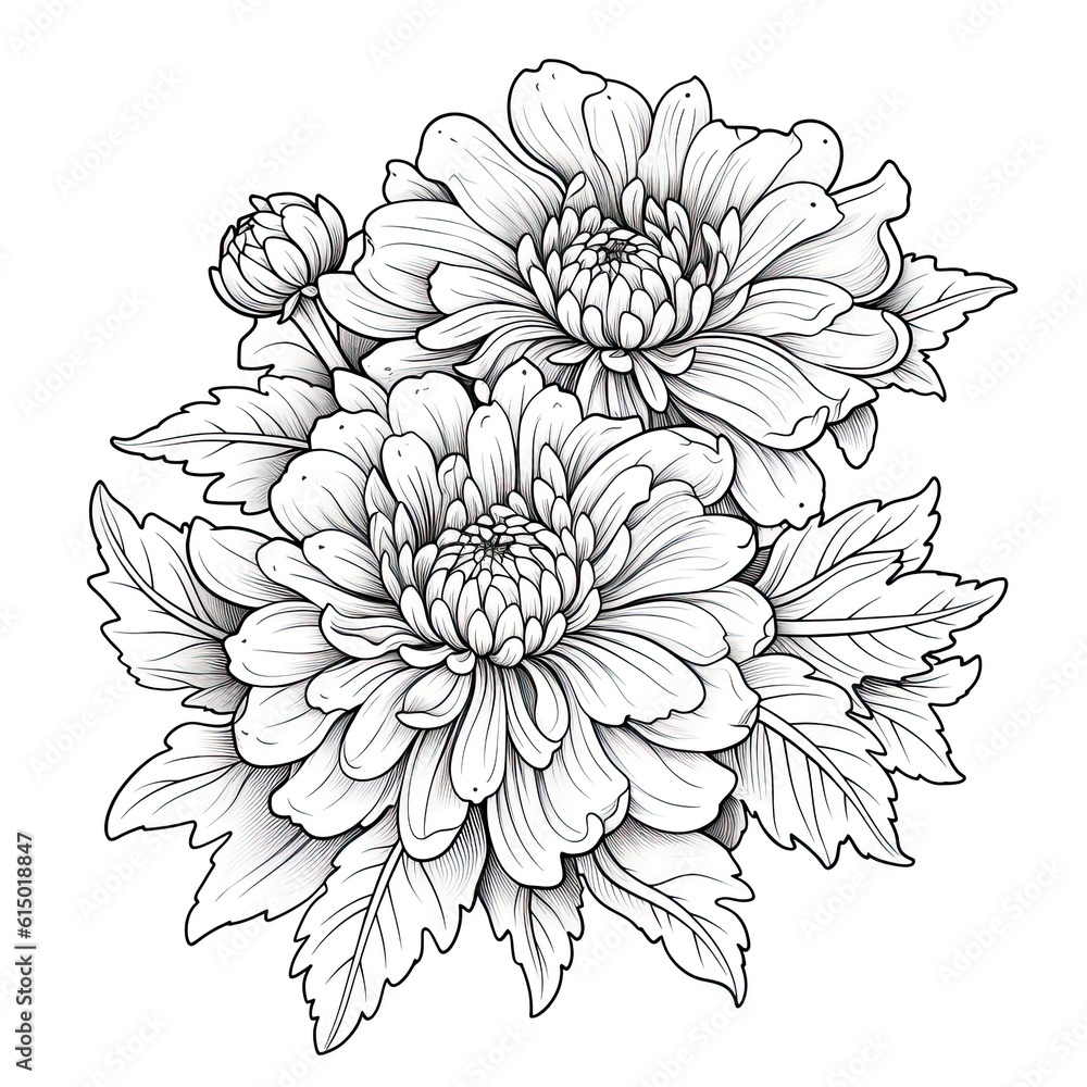 Cute Chrysanthemum flower in coloring page style illustration. Line art painting. Generative AI