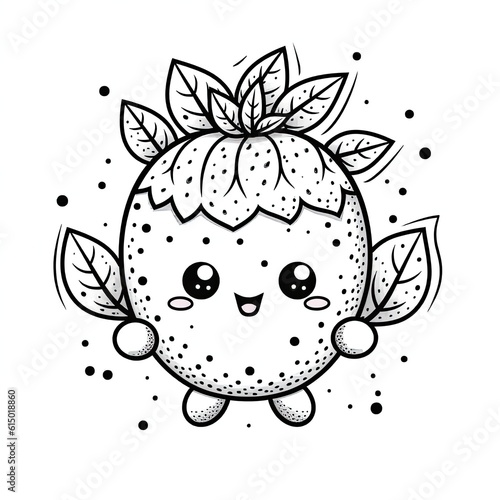 Kawaii style Kiwi fruit character in coloring page style illustration. Line art painting. Generative AI