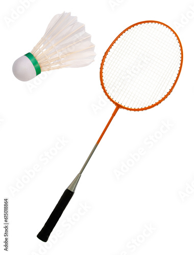Badminton Racket and Badminton ball on white background, White Badminton ball on White Background PNG file.