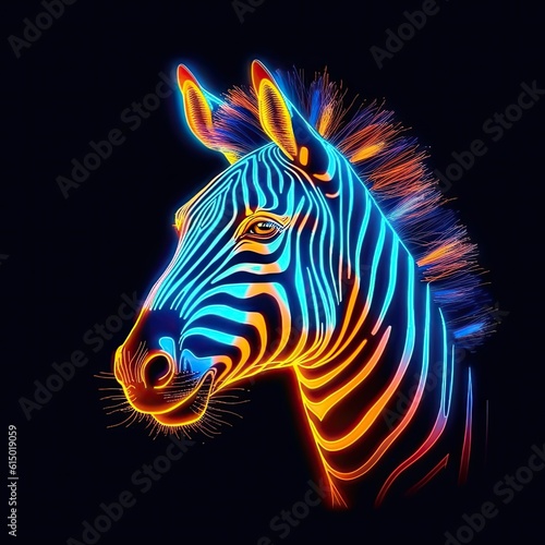 Cute Zebra animal in neon style. Portrait of glow light animal. Generative AI