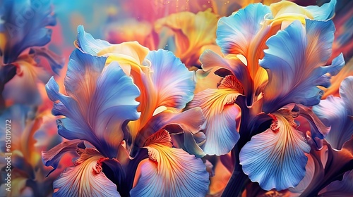 Iris flowers in floral spring background. Generative AI