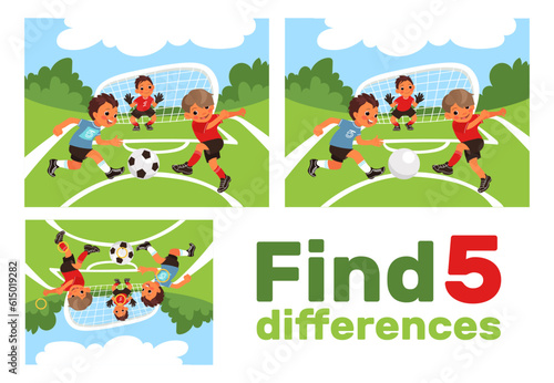 Find 5 differences. Educational game for children. Kids play football at sport playground. Worksheet with correct answer. Soccer match. Brainteaser task. Puzzle page design. Vector concept