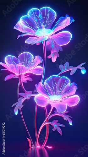 Neon light Lavender blooming flower. Modern greeting card floral design with glow light flower. Generative AI © tanyastock