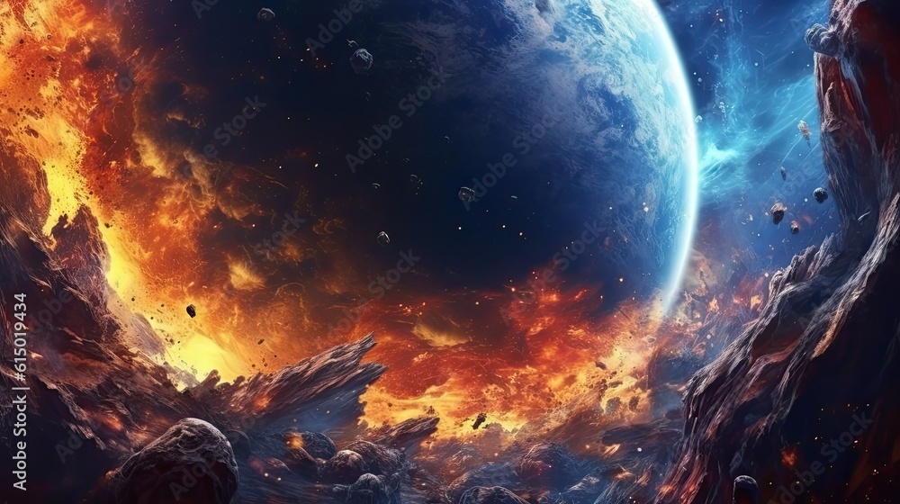 Fototapeta premium A cosmic explosion of stars and galaxies in a deep space backdrop. Colorful illustration art. Generative AI