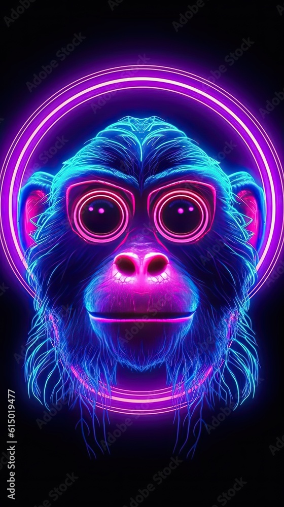 Neon light Monkey animal on black background. Portrait of glow light animal. Generative AI Neon light Monkey animal on black background. Portrait of glow light animal. Generative AI