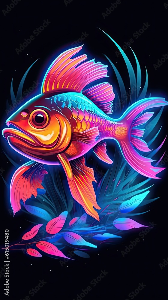 Neon light Cod fish animal on black background. Portrait of glow light animal. Generative AI Neon light Cod fish animal on black background. Portrait of glow light animal. Generative AI