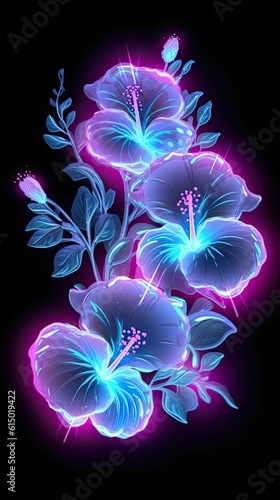 Neon light Hibiscus blooming flower. Modern greeting card floral design with glow light flower. Generative AI