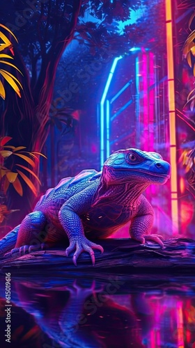 Neon light Alligator animal on black background. Portrait of glow light animal. Generative AI