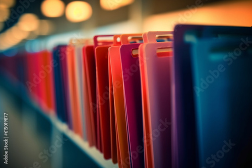 A row of file folders organized in a file holder, flat view, blurred background Generative AI