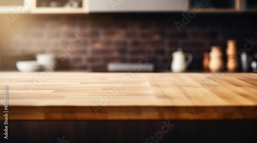 empty table board and defocused modern kitchen background. generative ai