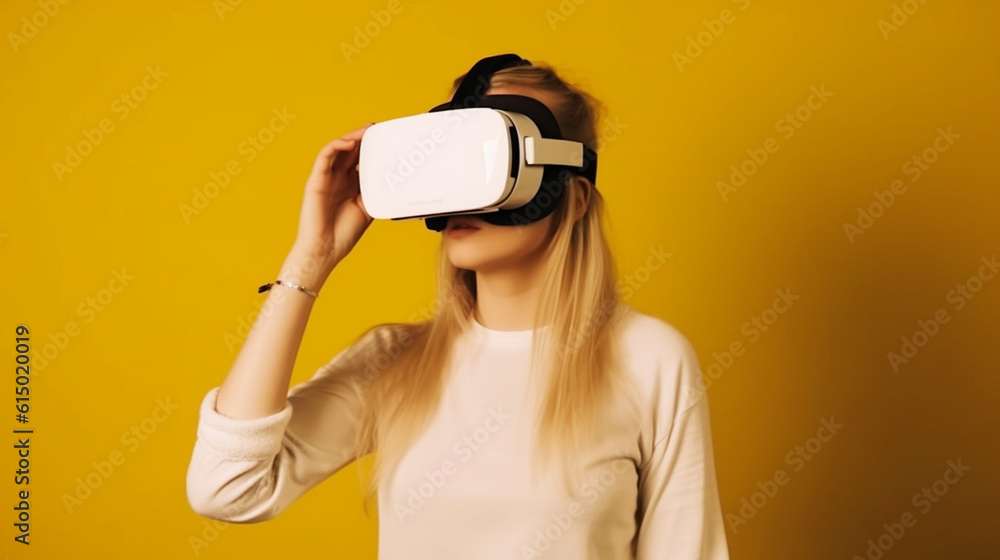 Girl in glasses of virtual reality while touching air. Generative Ai. Girl in glasses of virtual reality while touching air. Generative Ai.