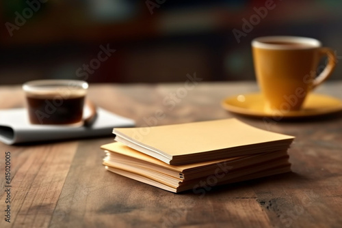 A stack of notepads and a cup of freshly brewed coffee on a wooden desk  flat view  blurred background Generative AI