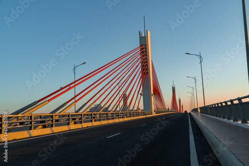 Red cable car bridge and asphalt road. Bridge concept and architecture.