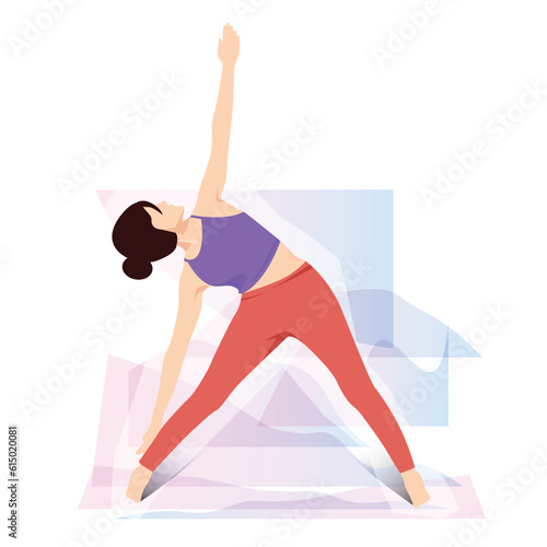 Triangle pose, Utthita Trikonasana woman practicing triangle yoga exercise.