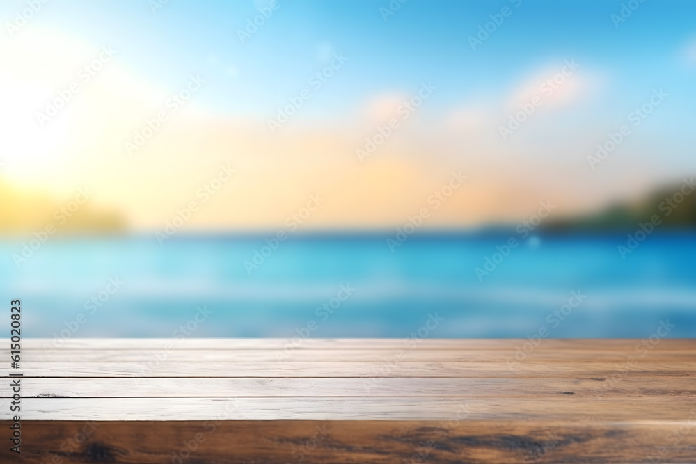 empty wooden table, beach background