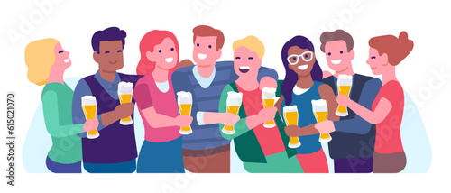 Group of young smiling friends. People standing with beers in their glasses. Holiday celebrating in pub. Happy men and women hugs. Persons drinking alcohol beverage in bar. Vector concept