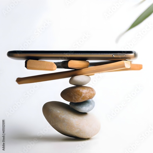 Smartphone and life balance difficulty illustrated by mix of zen balance imagery and a smartphone